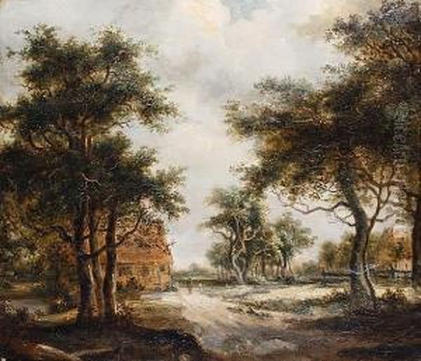 A Country Lane Oil Painting by Meindert Hobbema