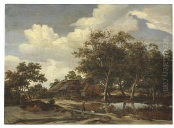 A Wooded Landscape With A Figure Crossing A Bridge Over A Stream Oil Painting by Meindert Hobbema