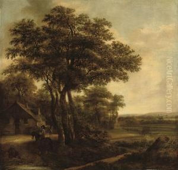 A Wooded Landscape With A Man On Horseback Conversing With A Peasant On A Track Oil Painting by Meindert Hobbema