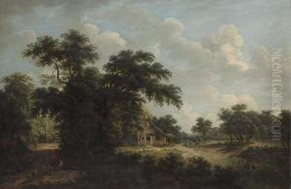 A Wooded Landscape With Figures On A Track, A Village Beyond Oil Painting by Meindert Hobbema