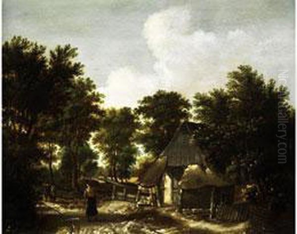 Strohgedeckte Kate Mit Zaunen Und Baumen Eines Jungwalds Oil Painting by Meindert Hobbema