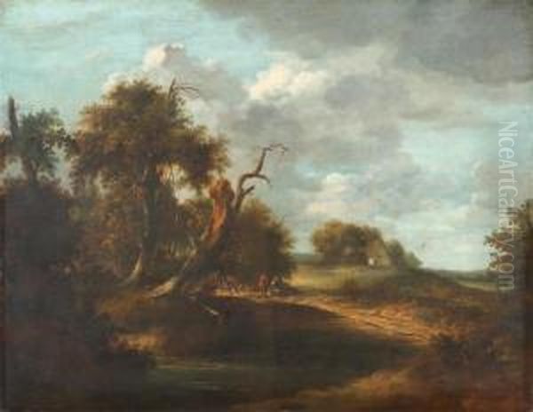 Bewaldete Flusslandschaft Mit Zwei Figuren. Oil Painting by Meindert Hobbema