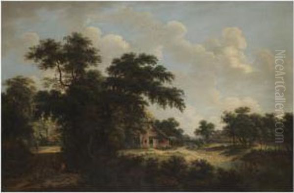 A Wooded Landscape With Figures Fording A Stream Near Acottage Oil Painting by Meindert Hobbema