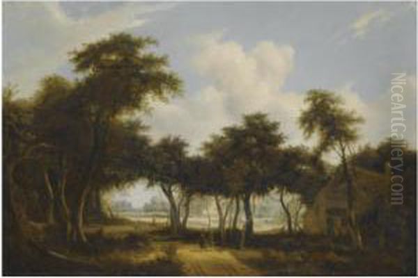 A Wooded Landscape With Figures On A Track In The Foreground Oil Painting by Meindert Hobbema