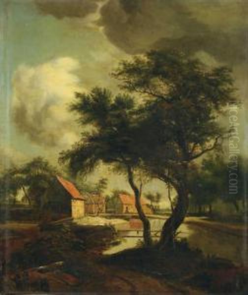 Landschaft Mit Gehoft Am Teich. Oil Painting by Meindert Hobbema