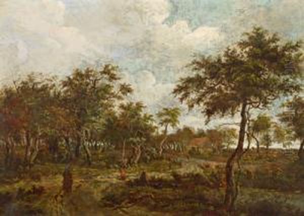 Bewaldete Landschaft Mit Einem Bauernhaus Und Figuren Oil Painting by Meindert Hobbema