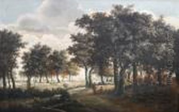 Promeneurs Sous Les Grands Arbres Oil Painting by Meindert Hobbema