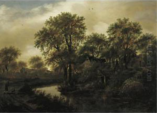 A Landscape With A Stream, Cottages In A Wood, And A Peasant With His Dog On A Path Oil Painting by Meindert Hobbema