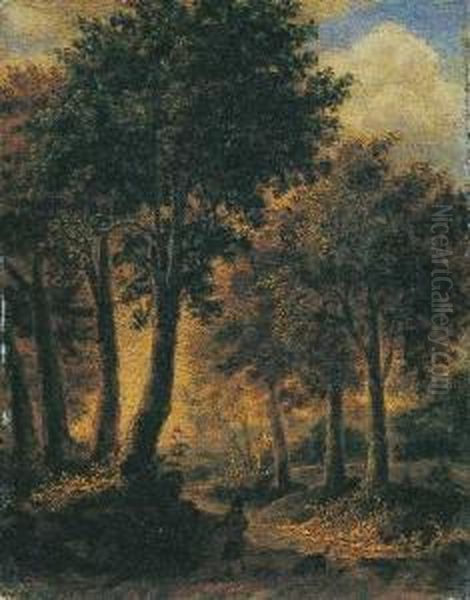 Waldlandschaft Mit Wanderer. Oil Painting by Meindert Hobbema