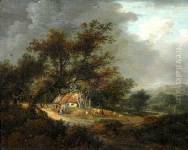 Figures Before A Cottage And Animals Nearby Oil Painting by Meindert Hobbema