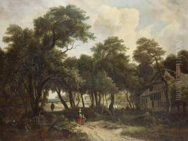 A Wooded Landscape, With A Woman And Child On Path, A Horseman Beyond Oil Painting by Meindert Hobbema