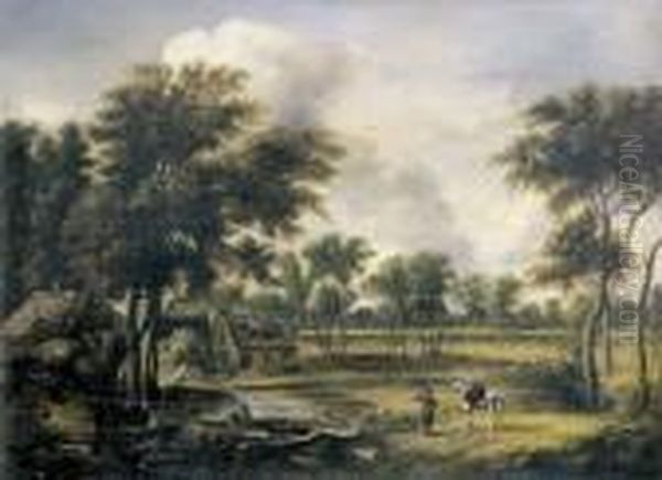 Landschaft Mit Bauernhausern Und Weiher. Oil Painting by Meindert Hobbema