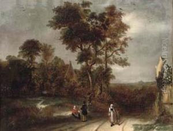 A Wooded Landscape With Figures On A Track Oil Painting by Meindert Hobbema