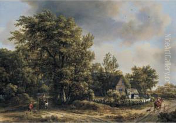 A Wooded Landscape With Travellers On A Track By A Cottage Oil Painting by Meindert Hobbema