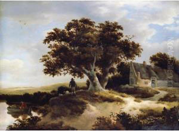 A Dune Landscape With A Drover 
And His Sheep Beneath A Pondside Oak, A Cottage To The Right Oil Painting by Meindert Hobbema