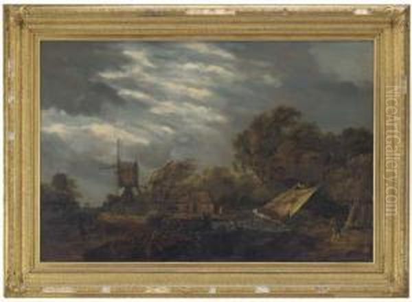 A River Landscape With A Boat In
 Stormy Waters With A Windmill, Fishermen And Figures On A Wooded Track Oil Painting by Meindert Hobbema