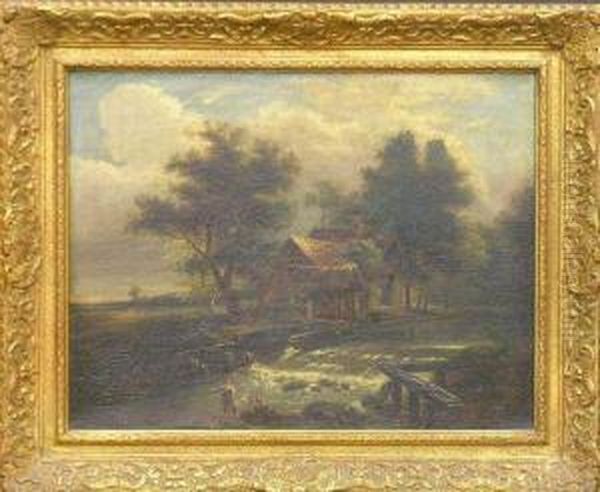 Landscape With Peasants By A Mill Oil Painting by Meindert Hobbema