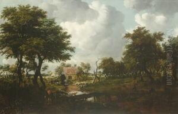 Baumlandschaft Mit Bauernhausern. Oil Painting by Meindert Hobbema