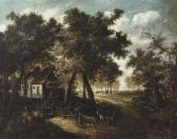 A Wooded Landscape With Travellers Approaching A Watermill Oil Painting by Meindert Hobbema