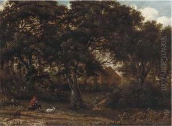 A Wooded Landscape With A 
Herdsman Playing A Flute, A Traveller Ona Path Toward A House Beyond Oil Painting by Meindert Hobbema