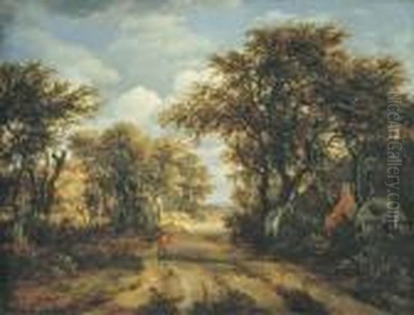 A Wooded Landscape With A Hunter And Other Figures On A Path Oil Painting by Meindert Hobbema