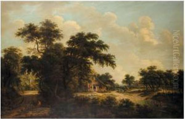 A Wooded Landscape With A Farmhouse Oil Painting by Meindert Hobbema