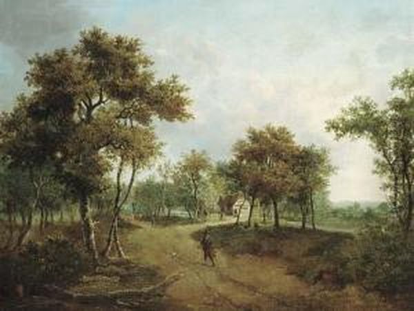 A Wooded Landscape With A Cottage And Figures On A Path Oil Painting by Meindert Hobbema