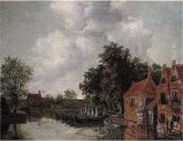 A Canal Landscape With Barges Moored By Houses Oil Painting by Meindert Hobbema