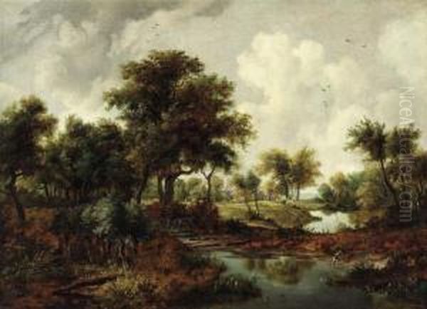 A Wooded River Landscape With A Man On Horseback And A Dog On The Bank Oil Painting by Meindert Hobbema