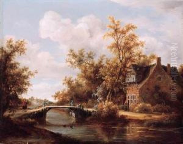 A View On A Farm By A Canal With Travellers On A Road By Abridge Oil Painting by Meindert Hobbema