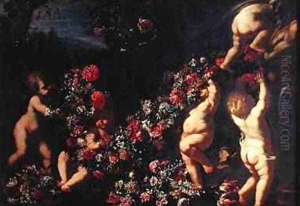 Putti Playing with Garlands of Flowers Oil Painting by Carlo Maratta or Maratti