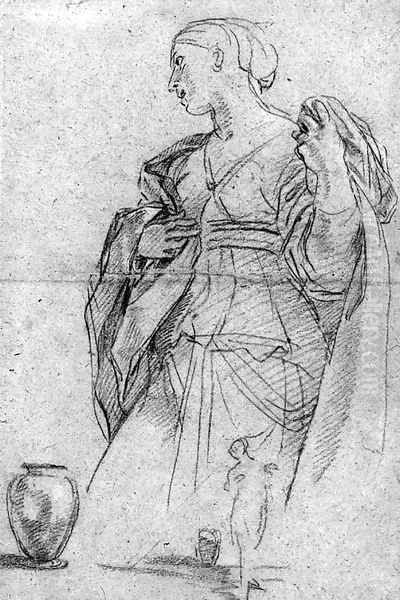 A standing female figure, a jar at her feet, with a subsidiary study of the same Study for Rebecca at the Well Oil Painting by Carlo Maratta or Maratti