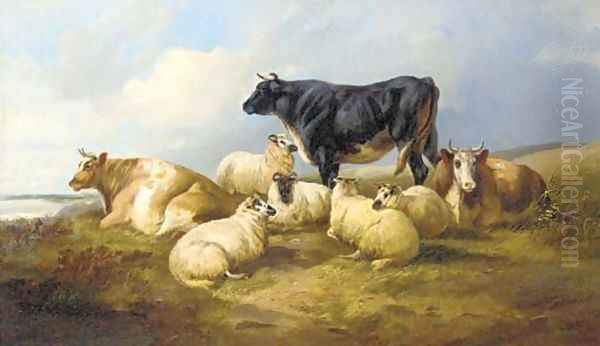 Sheep and cattle resting in a river landscape Oil Painting by J. Morris