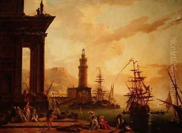 Capriccio of a Mediterranean harbour with a Dutch frigate and other shipping Oil Painting by La Croix de Marseilles