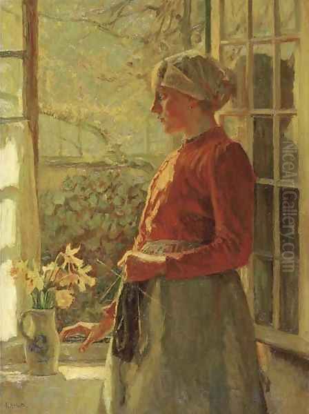 The first daffodils Girl from Laren (Holland) Oil Painting by Max Metzoldt