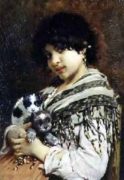 Gypsy Girl with Two Puppies Oil Painting by Wilhelm Johannes Maertens