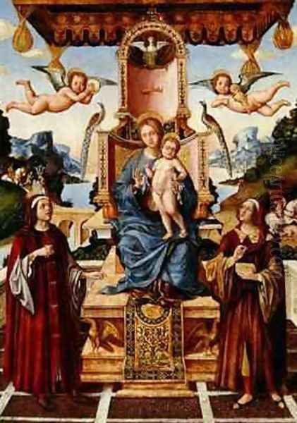 Virgin and Child Enthroned with Saints Cosmas and Damian with Saints Eustace and George in the background Oil Painting by Gian Francesco de Maineri