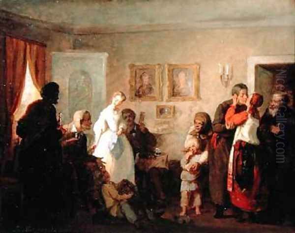 Congratulating the NewlyWeds in a Manor House 1860 Oil Painting by Grigori Grigorievich Mjasoedov