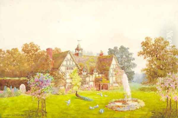 A country house with a peacock and doves on the lawn Oil Painting by James Matthews