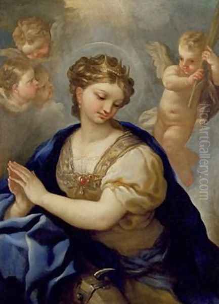 St Catherine with an angel and cherubs Oil Painting by Paolo di Matteis