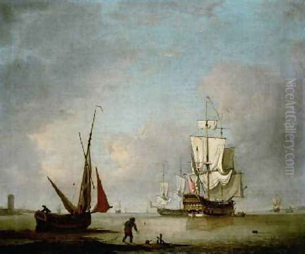 A Frigate in Calm Water Oil Painting by Thomas Mellish