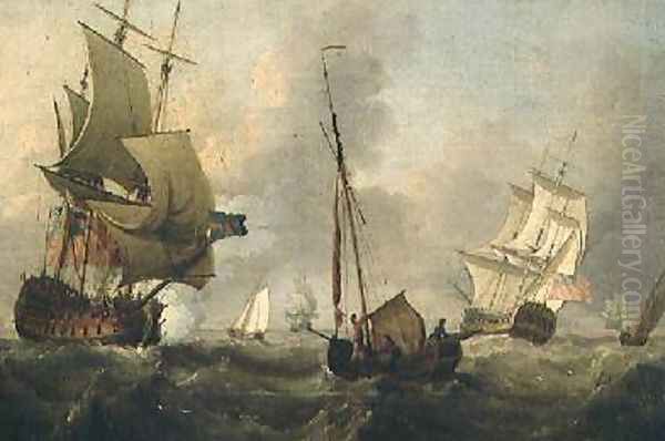 A Frigate Firing a Salute in Choppy Seas Oil Painting by Thomas Mellish