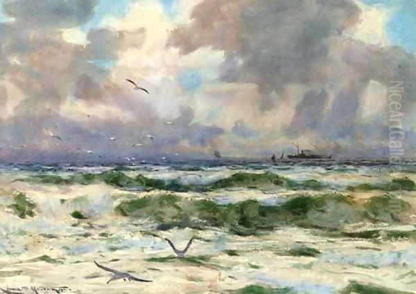 Gulls playing in the surf Oil Painting by Charles Mottram