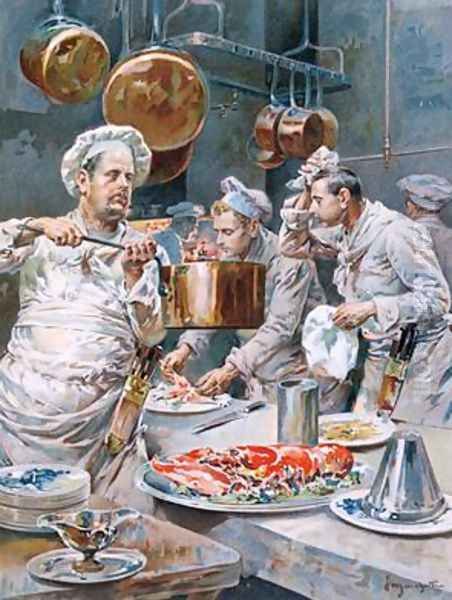 In the Kitchen preparations for Christmas Eve dinner in a Paris restaurant from LIllustration December 1893 Oil Painting by G. Marchetti