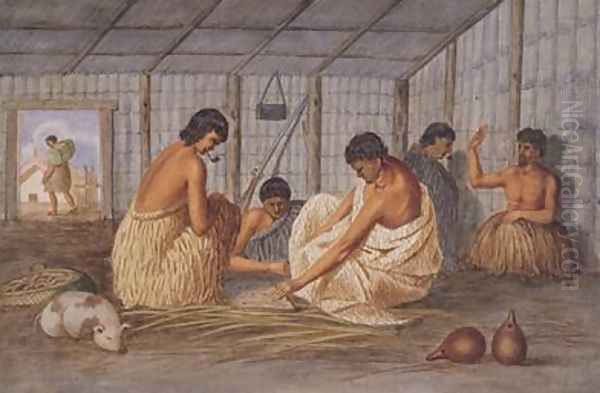 Interior of a New Zealand hut 1845 Oil Painting by Joseph Jenner Merrett