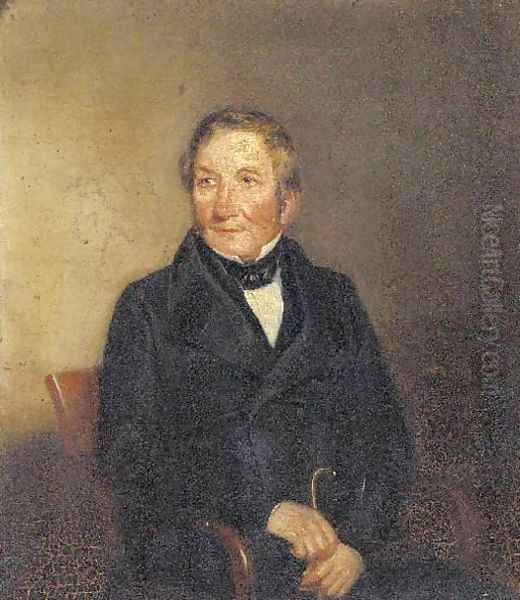 Portrait of gentleman, thought to be William Ewart Gladstone (1809-1898), small half-length, in a black suit, holding a cane Oil Painting by Daniel Maclise