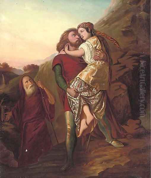 St. Christopher carrying a maiden guided by the hermit Oil Painting by Daniel Maclise