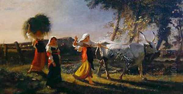 Italian Peasant Women in the Campagna driving an Ox Oil Painting by George Hemming Mason