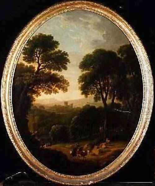 Wooded Landscape with Peasants and Cattle on a Path Oil Painting by George Mullins