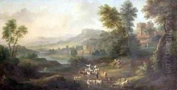 Drovers and Shepherdesses in an Idyllic Pastoral Landscape Oil Painting by Isaac de Moucheron